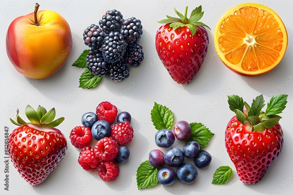 Diverse Assortment of Vibrant and Flavorful Fruits and Berries on a Clean Background Diverse Assortment of Vibrant and Flavorful Fruits and Berries on a Clean Background