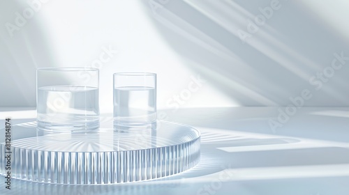 Science and medical background with transparent round podium lab glassware filled colorless liquid and ribbed acrylic sheets decorated on white background Space for products presentati : Generative AI