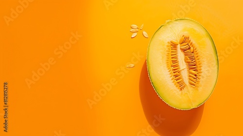 Melon half on orange background Creative layout made of fresh melon Flat lay top view copy space : Generative AI