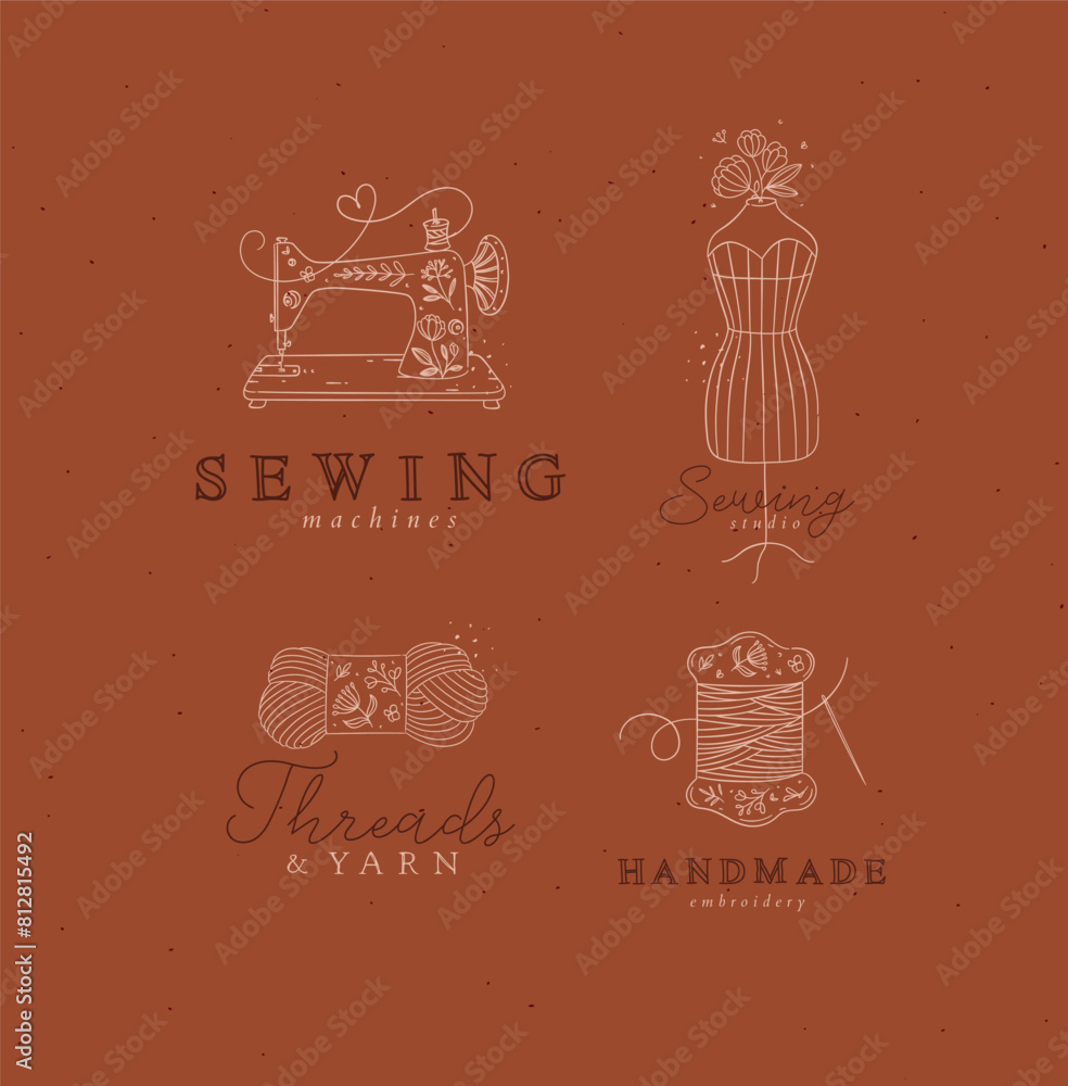 Sewing symbols machine, mannequin, wool, thread with lettering drawing in floral style on mustard background