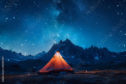Featuring a  camp tent with stars in the sky over a mountain