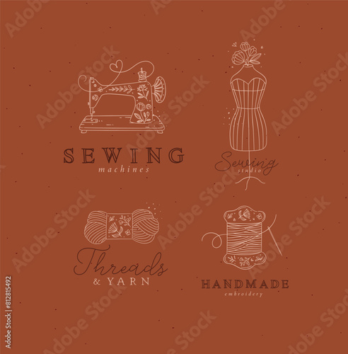 Obraz na płótnie Sewing symbols machine, mannequin, wool, thread with lettering drawing in floral style on mustard background w salonie