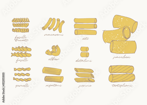 Abstract sketchy drawing of different pasta types, tubular and twisted pasta variety