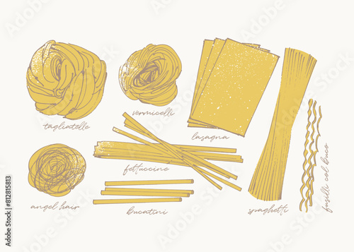Abstract sketchy drawing of different pasta types, long pasta variety