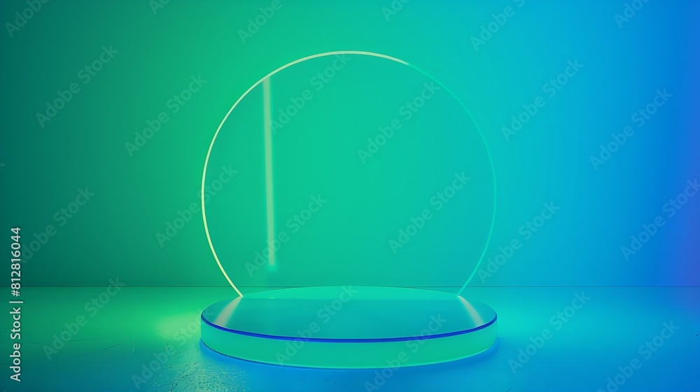 Front view of transparent podium decorated in blue and green gradient background abstract content : Generative AI Front view of transparent podium decorated in blue and green gradient background abstract content : Generative AI