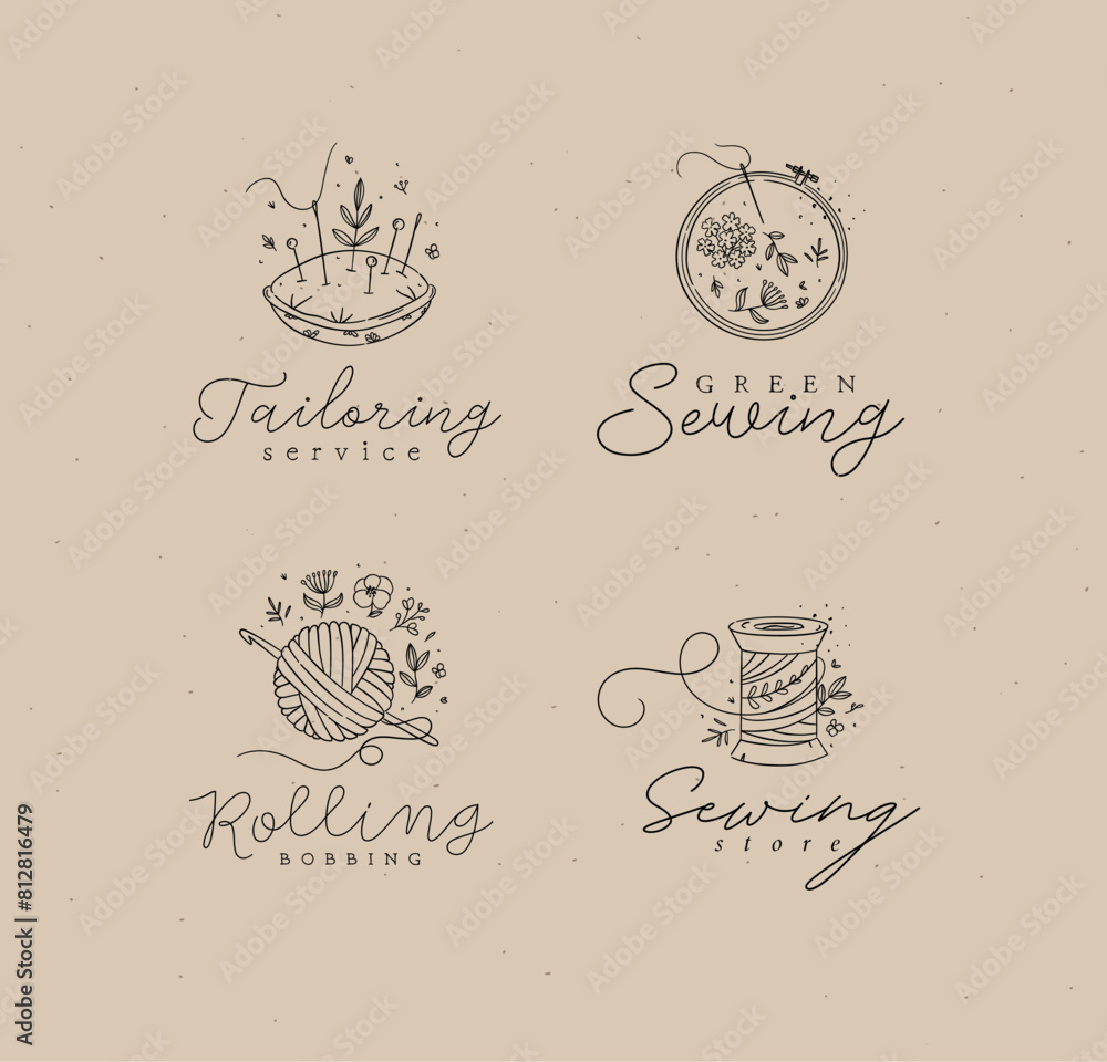 Sewing labels pillow with needles, embroidery circle, ball and skein of thread with lettering drawing in floral style on coffee color background