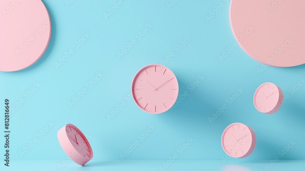 Pastel pink wall clocks on blue backdrop falling down Time concept Minimal composition : Generative AI Pastel pink wall clocks on blue backdrop falling down Time concept Minimal composition : Generative AI