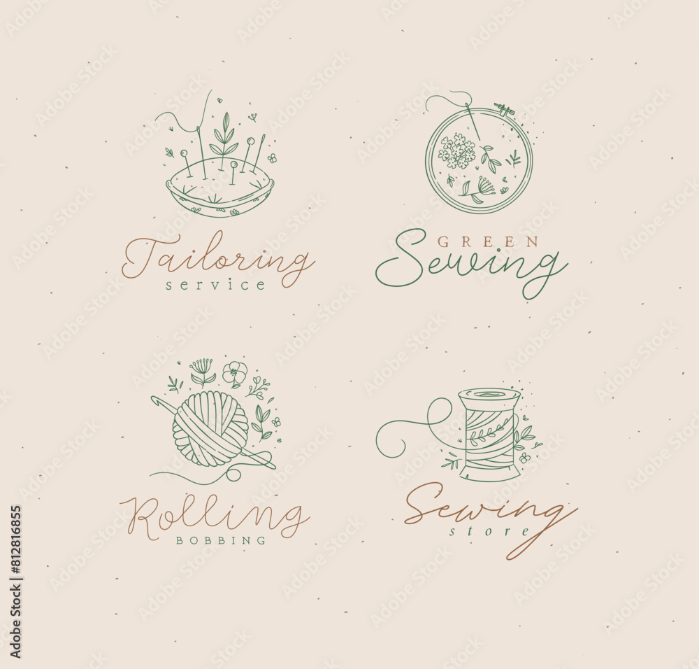 Sewing labels pillow with needles, embroidery circle, ball and skein of thread with lettering drawing in floral style with green on beige background