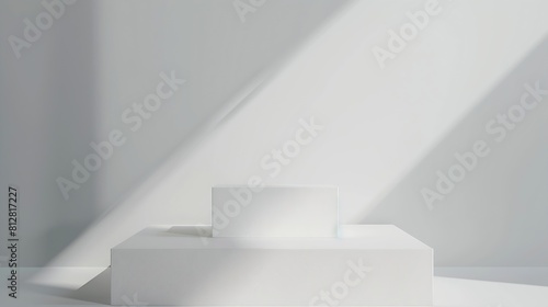 Empty white podium on white wall background for product placement Modern product display Copy space on showcase platform for marketing and presenting Front view   Generative AI