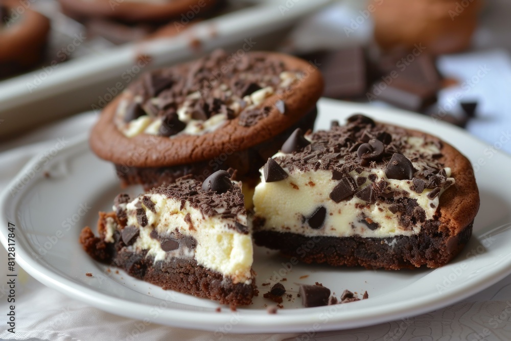 Closeup of a chocolate cookie stuffed with creamy cheesecake and chocolate shavings on a white plate
