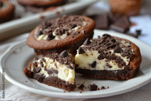 Closeup of a chocolate cookie stuffed with creamy cheesecake and chocolate shavings on a white plate