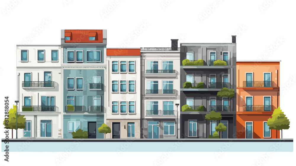 City apartment house front view in flat style isola