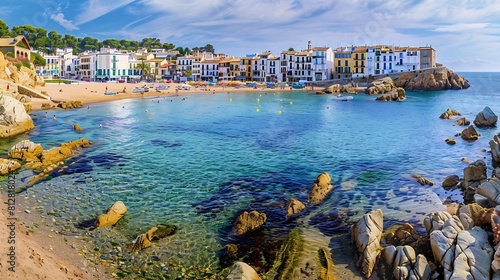 Sea landscape with Calella de Palafrugell Catalonia Spain near of Barcelona Scenic fisherman village with nice sand beach and clear blue water in nice bay Famous tourist destination in : Generative AI photo
