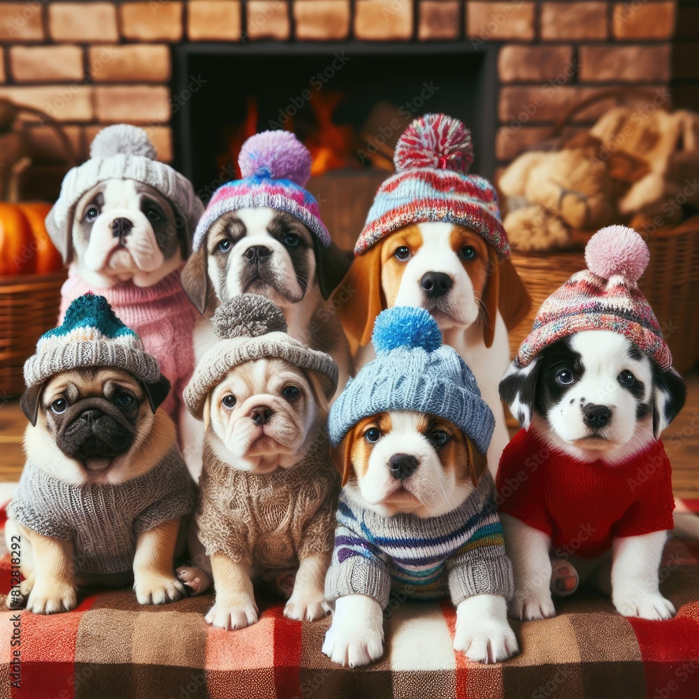 Many puppies wearing knit hats image art attractive harmony illustrator.