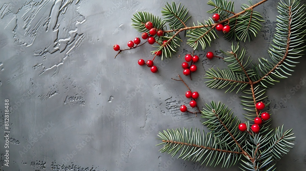Christmas composition Fir tree branches red berries on gray background Christmas winter new year concept Flat lay top view copy space : Generative AI