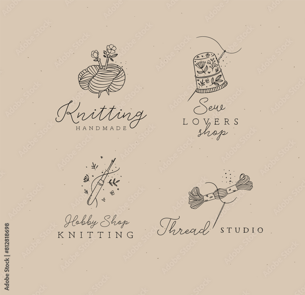 Sewing elements skein of thread, thimble, yarn, wool, crochet with lettering drawing in floral style on coffee color background