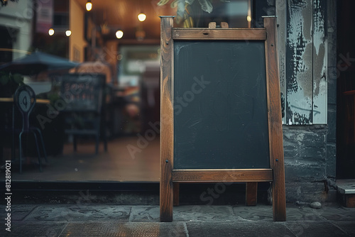 Fototapeta Naklejka Na Ścianę i Meble -  Black Chalkboard with Wooden Frame Advertises Local Business