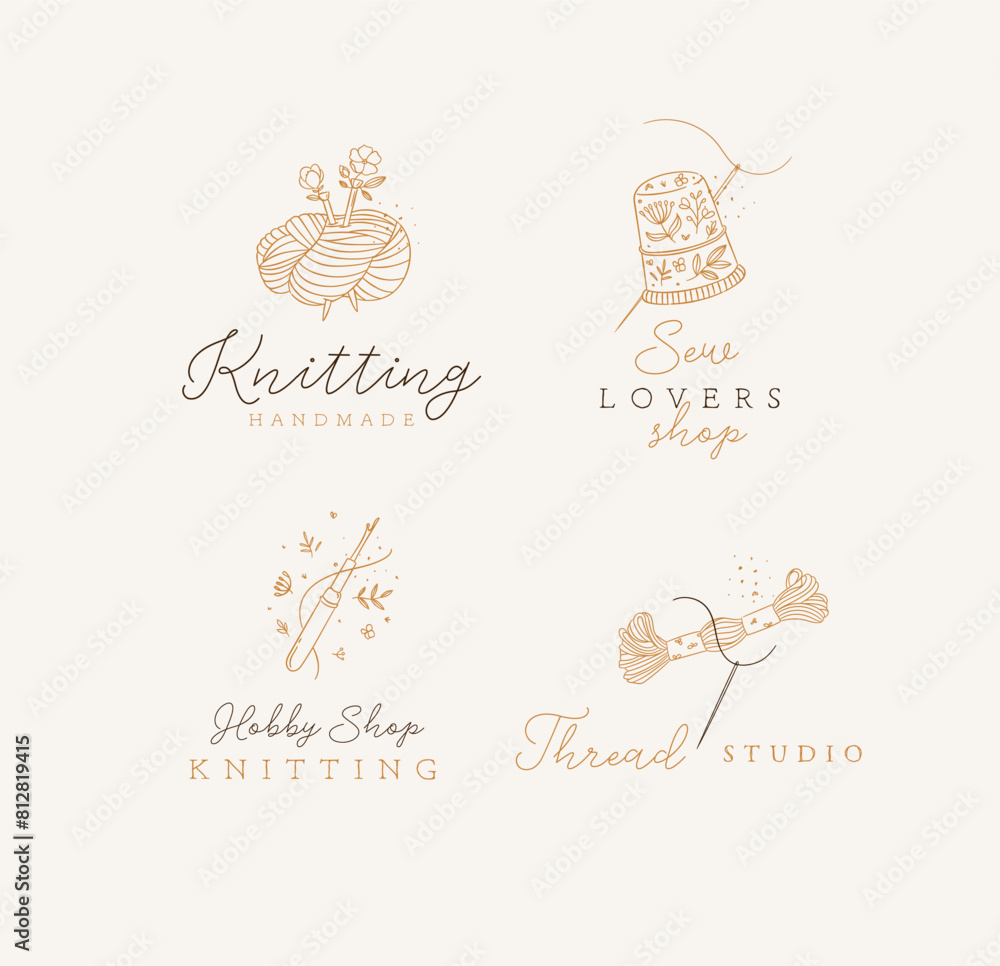 Sewing elements skein of thread, thimble, yarn, wool, crochet with lettering drawing in floral style on beige background