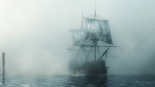 Historic Ship on Foggy Sea, Vintage Artwork photo