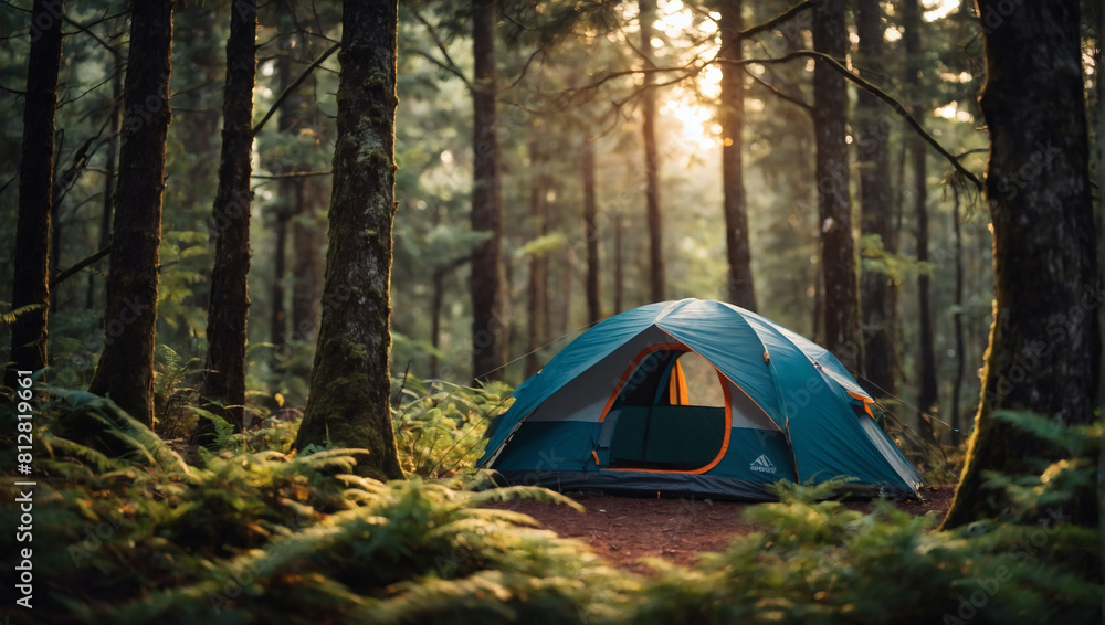 Outdoor Adventure, Tent Amidst Blurred Forest Canopy, Camping Backdrop