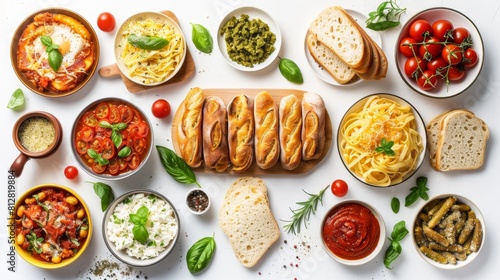 Top view of Italian food dishes with pasta, bread and vegetables on white background
