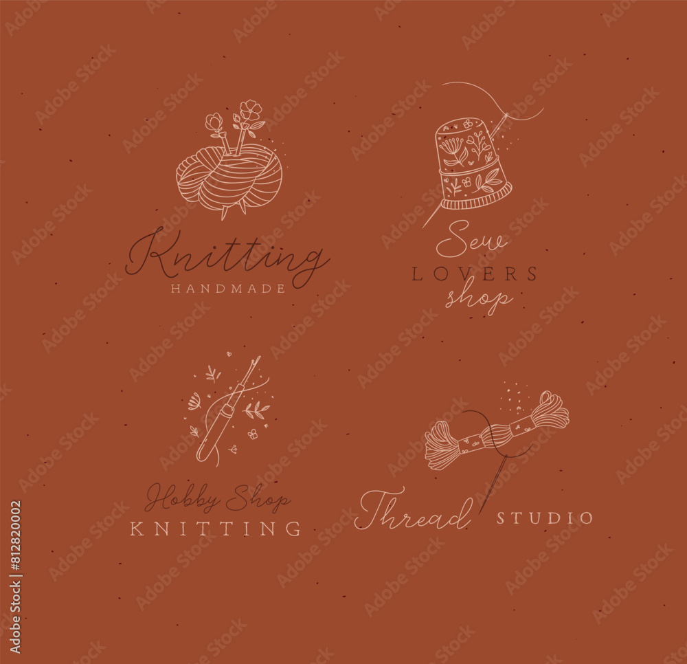 Sewing elements skein of thread, thimble, yarn, wool, crochet with lettering drawing in floral style on mustard background