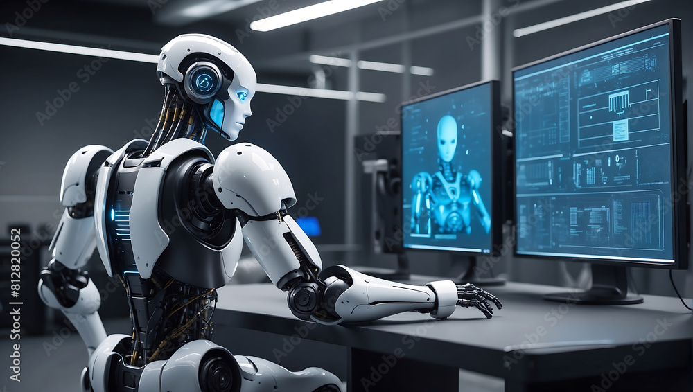 A strong artificial intelligence robot sitting at a desk with a computer monitor in data center background A strong artificial intelligence robot sitting at a desk with a computer monitor in data center background