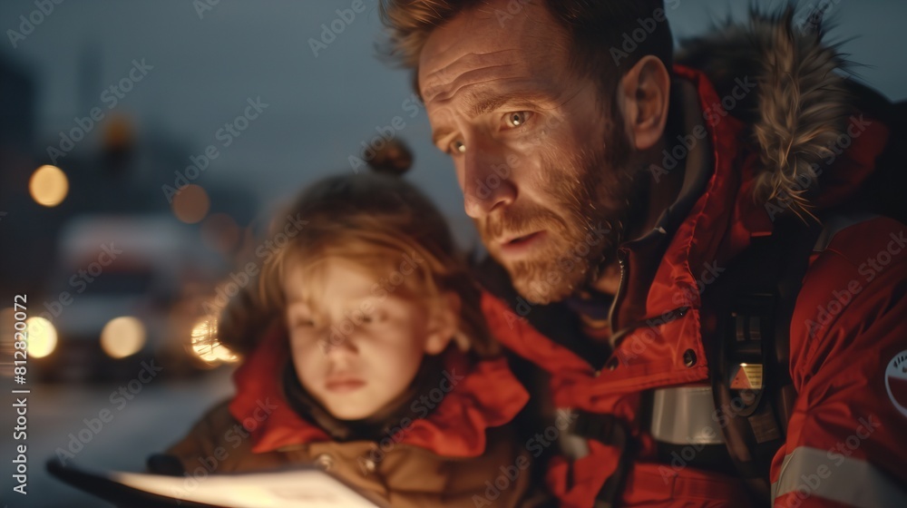 A man and a child sitting on a street reading a book together A man and a child sitting on a street reading a book together