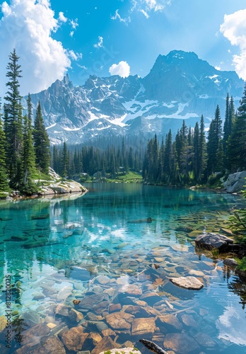 Stunning Alpine Lake with Snow-Capped Mountains: A Crystal Clear Paradise in the Wilderness