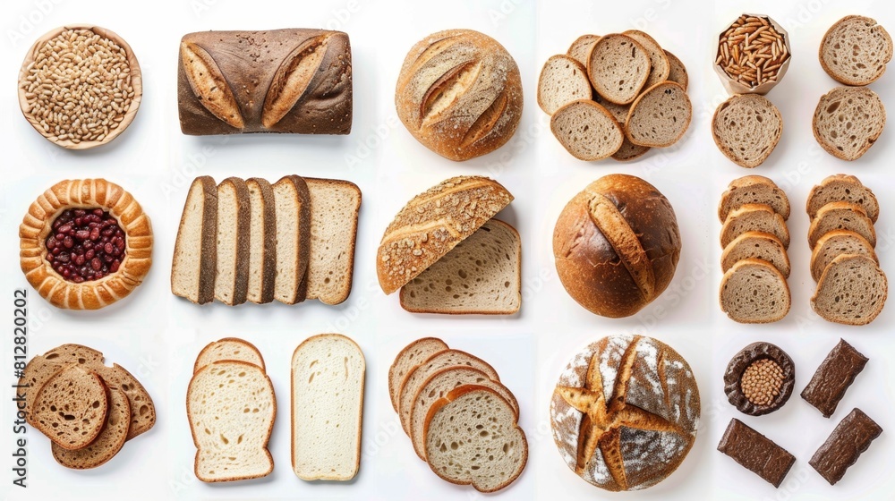 Brendan Brown style, collection of breads and rolls on a white background Brendan Brown style, collection of breads and rolls on a white background