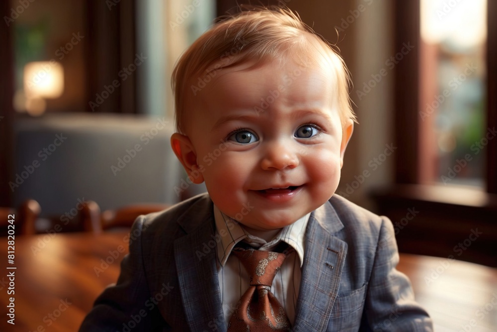 Smiling confident boss baby, young boy child dressed as a business man ...