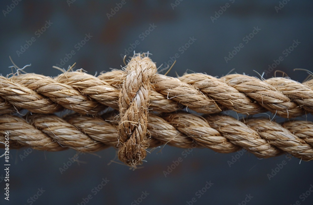 Rope Texture: Close-Up of Twisted Jute Rope, with a Rusted Metal Bar in the Background Rope Texture: Close-Up of Twisted Jute Rope, with a Rusted Metal Bar in the Background