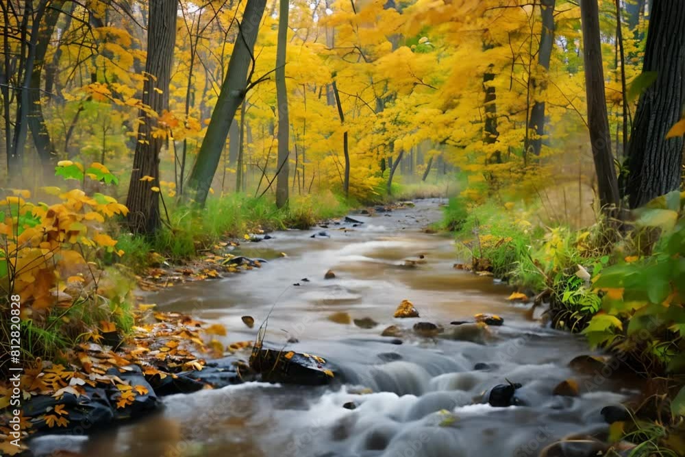 A gentle stream meandering through a colorful autumn forest, peaceful nature landscape A gentle stream meandering through a colorful autumn forest, peaceful nature landscape