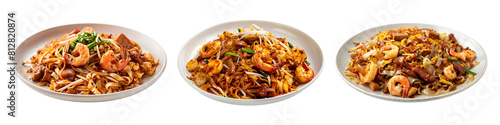 Set of char kway teow in plate, on transparent background