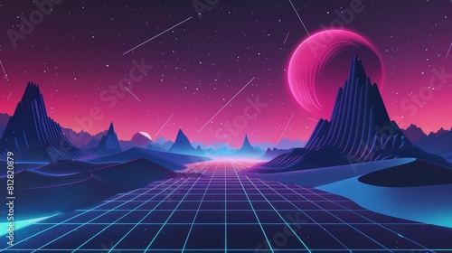 Synthwave landscape with glowing neon grid and vibrant pink planet.