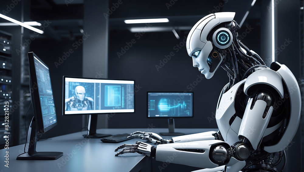 A strong artificial intelligence robot sitting at a desk with a computer monitor in data center background A strong artificial intelligence robot sitting at a desk with a computer monitor in data center background