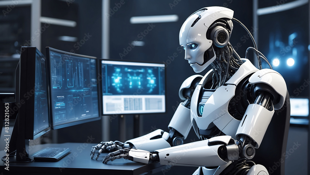 A strong artificial intelligence robot sitting at a desk with a computer monitor in data center background A strong artificial intelligence robot sitting at a desk with a computer monitor in data center background