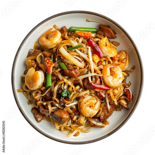 Char kway teow in plate, on transparent background