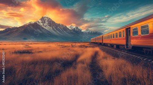 Golden Hour Train Journey, Picturesque Mountain Landscape with Vibrant Sky