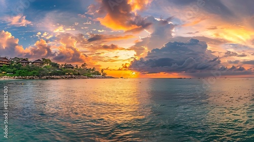 Beautiful sunset panorama tropical island beach landscape sunrise seascape blue sea water ocean waves colorful red yellow clouds sky golden sun glow reflection summer holidays vacation : Generative AI