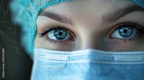 Close-up portrait of a young Caucasian female healthcare worker wearing a surgical mask and scrub cap © ANStudio