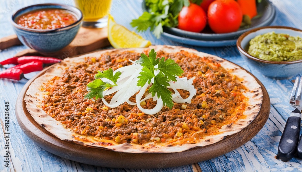 Turkish pizza Lahmacun with side dishes and salad Turkish pizza Lahmacun with side dishes and salad