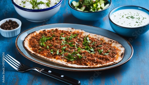 Turkish pizza Lahmacun with side dishes and salad