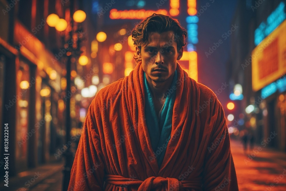 A man in a red robe stands on a city street A man in a red robe stands on a city street