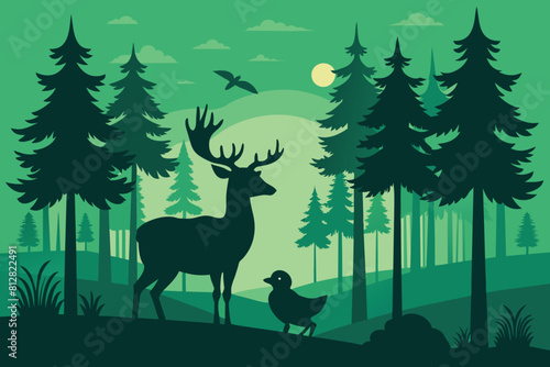 Forest trees silhouettes, deer and duck, hunting