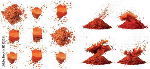 Realistic set of paprika powder sprinkled. Vector illustration of red chili pepper top view