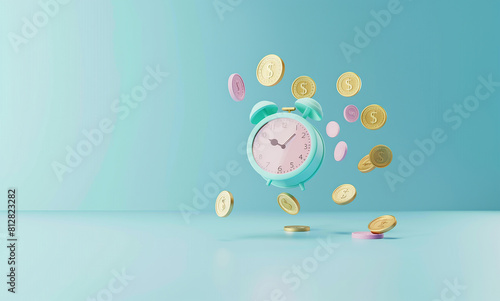 Clocks and coins floating in the air