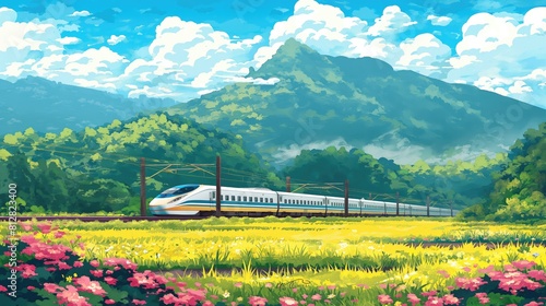 High-Speed Train Passing Through Vibrant Spring Flower Fields, Modern Bullet Train Travel
