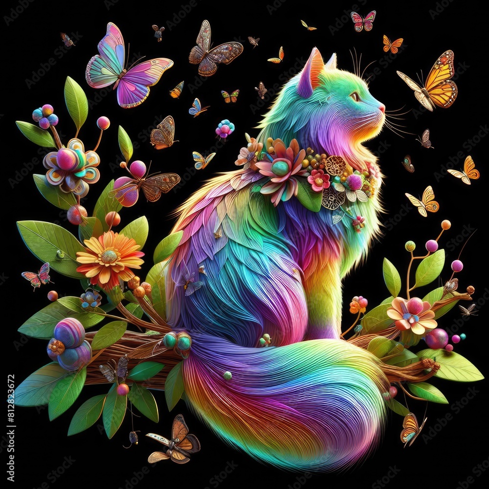 A colorful cat with flowers and butterflies image attractive card design illustrator.