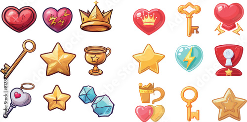 Game icons with heart, lightning, key, crown, gold cup and star. Vector cartoon set